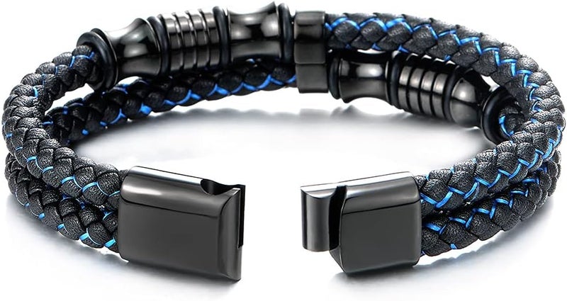 COOLSTEELANDBEYOND Mens Double-Row Braided Leather Bracelet Bangle Wristband with Black Stainless Steel Ornaments - Image 3